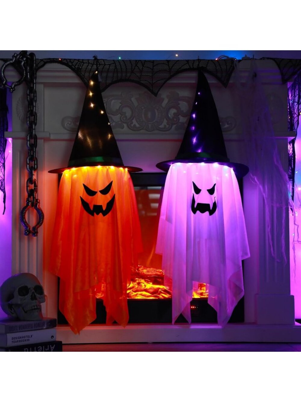 🎃Halloween 2 Pcs Large Size Lighted Glowing Ghost Witch Hat Ornaments Hanging